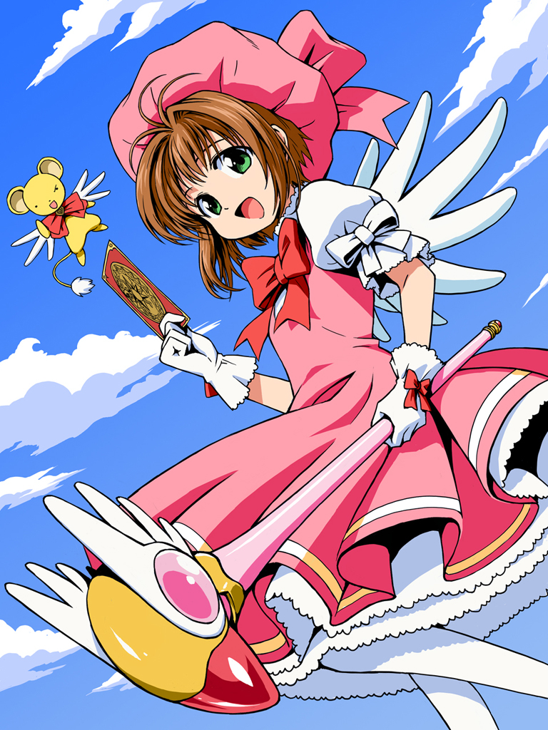 anbe_masahiro bow card cardcaptor_sakura cloud clow_card costume day dress fuuin_no_tsue glove_bow gloves green_eyes hat holding holding_card holding_wand kero kinomoto_sakura magical_girl pantyhose pink_hat short_hair sky staff wand white_gloves wings