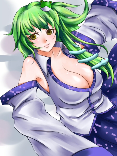 breasts green_hair kochiya_sanae large_breasts long_hair rugu solo touhou