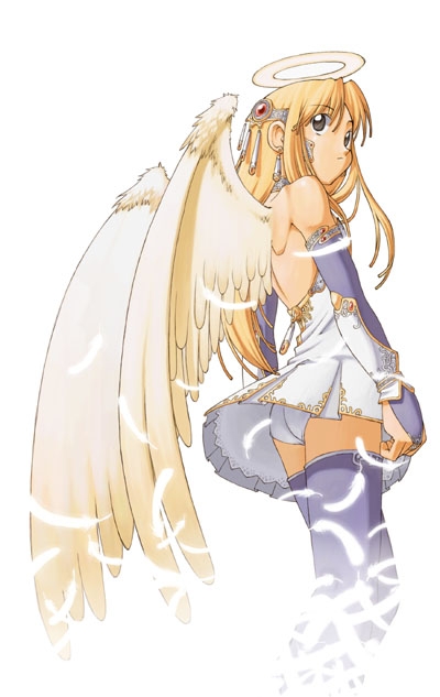 artist_request back bare_shoulders black_eyes blonde_hair copyright_request elbow_gloves feathers gloves halo long_hair panties solo thighhighs underwear upskirt wings