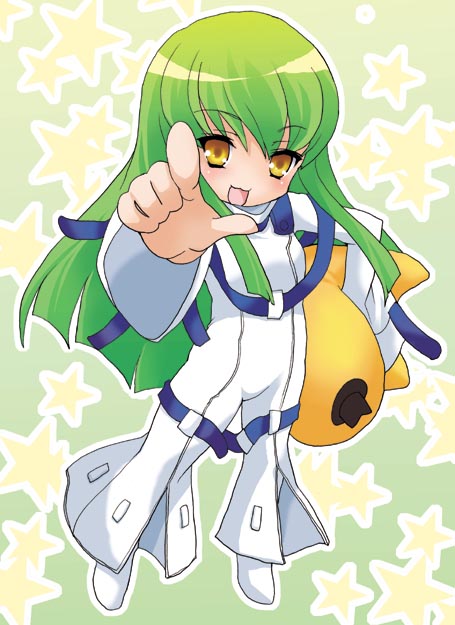 :3 bodysuit c.c. cheese-kun chibi code_geass green_hair long_hair pizza_hut pointing solo star white_bodysuit