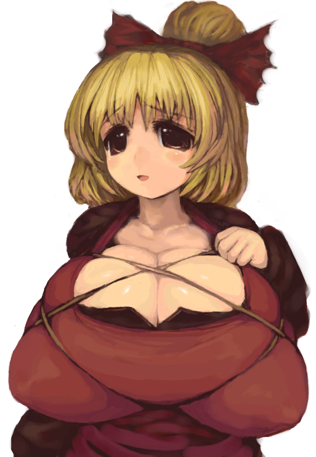 :o bow breasts cleavage collarbone commentary_request deep_skin hair_bow huge_breasts kasutaso kurodani_yamame long_sleeves looking_at_viewer ponytail short_hair simple_background skindentation solo tareme touhou upper_body white_background yellow_eyes