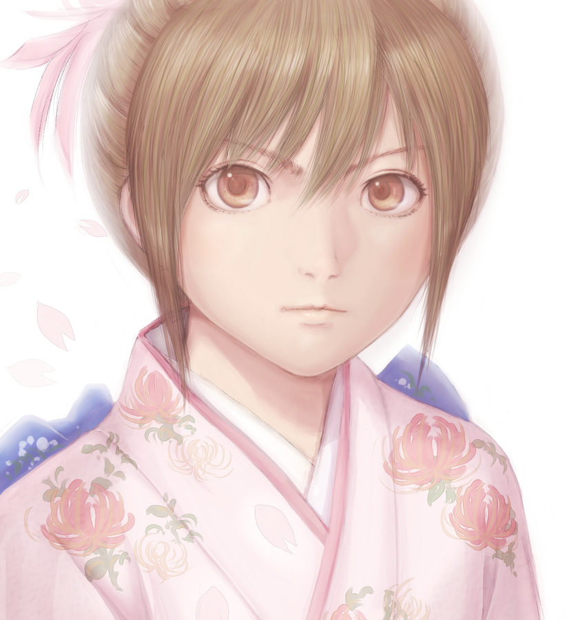 1girl ayase_chihaya brown_eyes brown_hair chihayafuru face hair_ribbon japanese_clothes kimono looking_at_viewer petals portrait ribbon short_hair solo