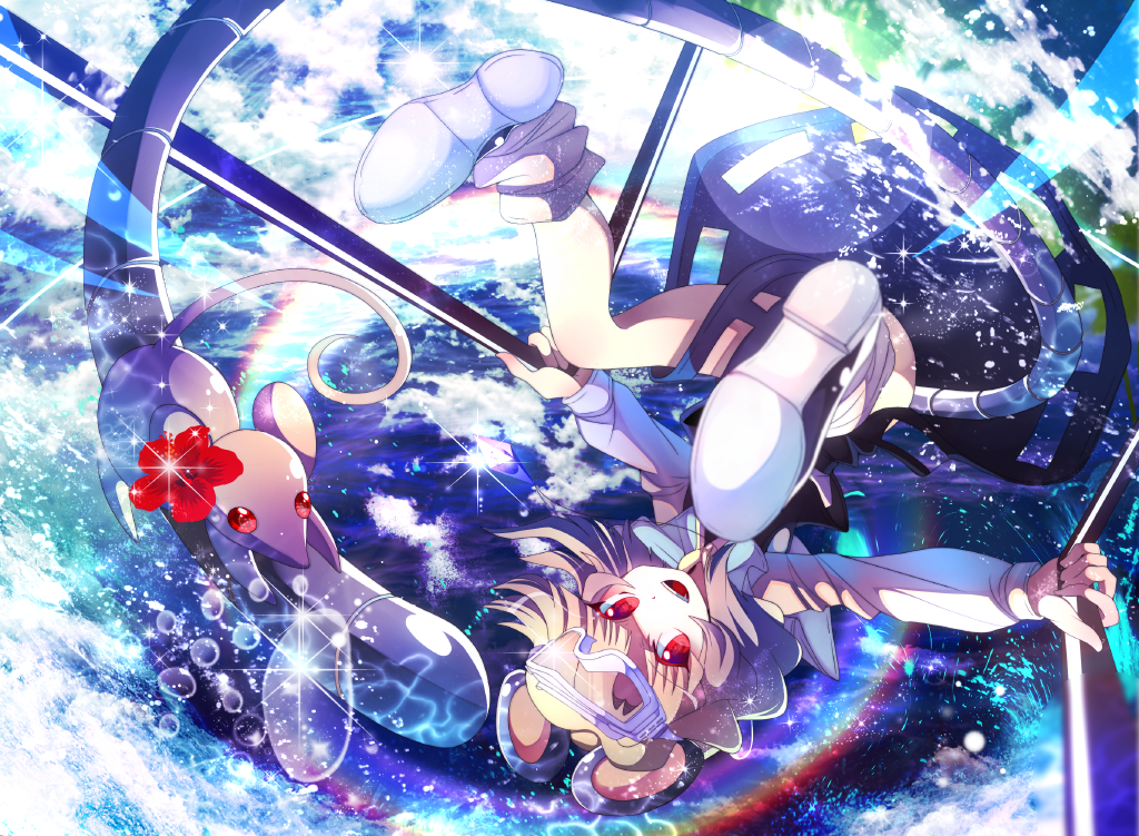 animal_ears bad_id bad_pixiv_id dowsing_rod fang flower fumiko_(miruyuana) grey_hair jewelry mouse mouse_ears mouse_tail nazrin rainbow red_eyes shoes skirt smile socks solo tail touhou upside-down