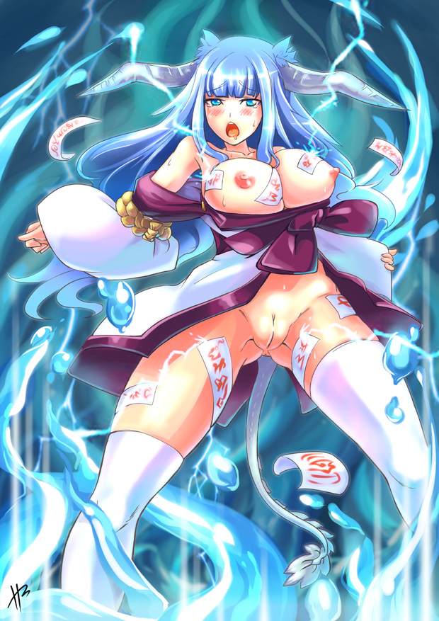 1girl blue_eyes blue_hair blush breasts breasts_outside electricity hm_(hmongt) horns long_hair monster_girl nipples original phandit_thirathon pussy solo sweat tail talisman thighhighs uncensored