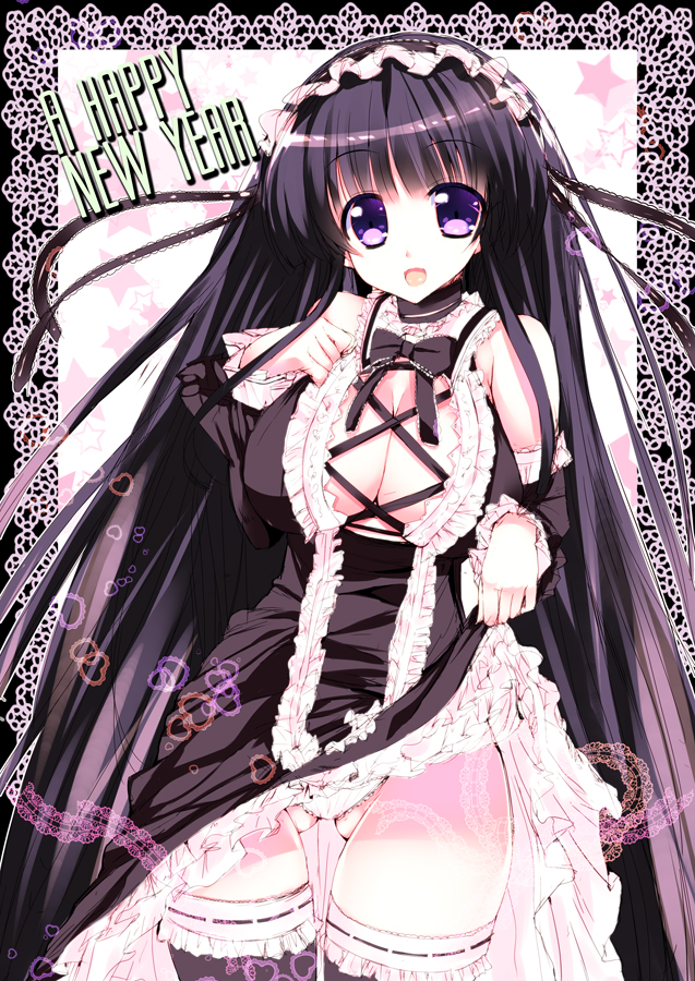 bad_id bad_pixiv_id bare_shoulders black_legwear border bow breasts center_opening choker cleavage detached_sleeves dress dress_lift frilled_dress frills garters hairband happy_new_year heart large_breasts lolita_fashion lolita_hairband long_hair new_year noto_kurumi open_mouth original purple_eyes purple_hair solo star thigh_gap thighhighs thighs very_long_hair