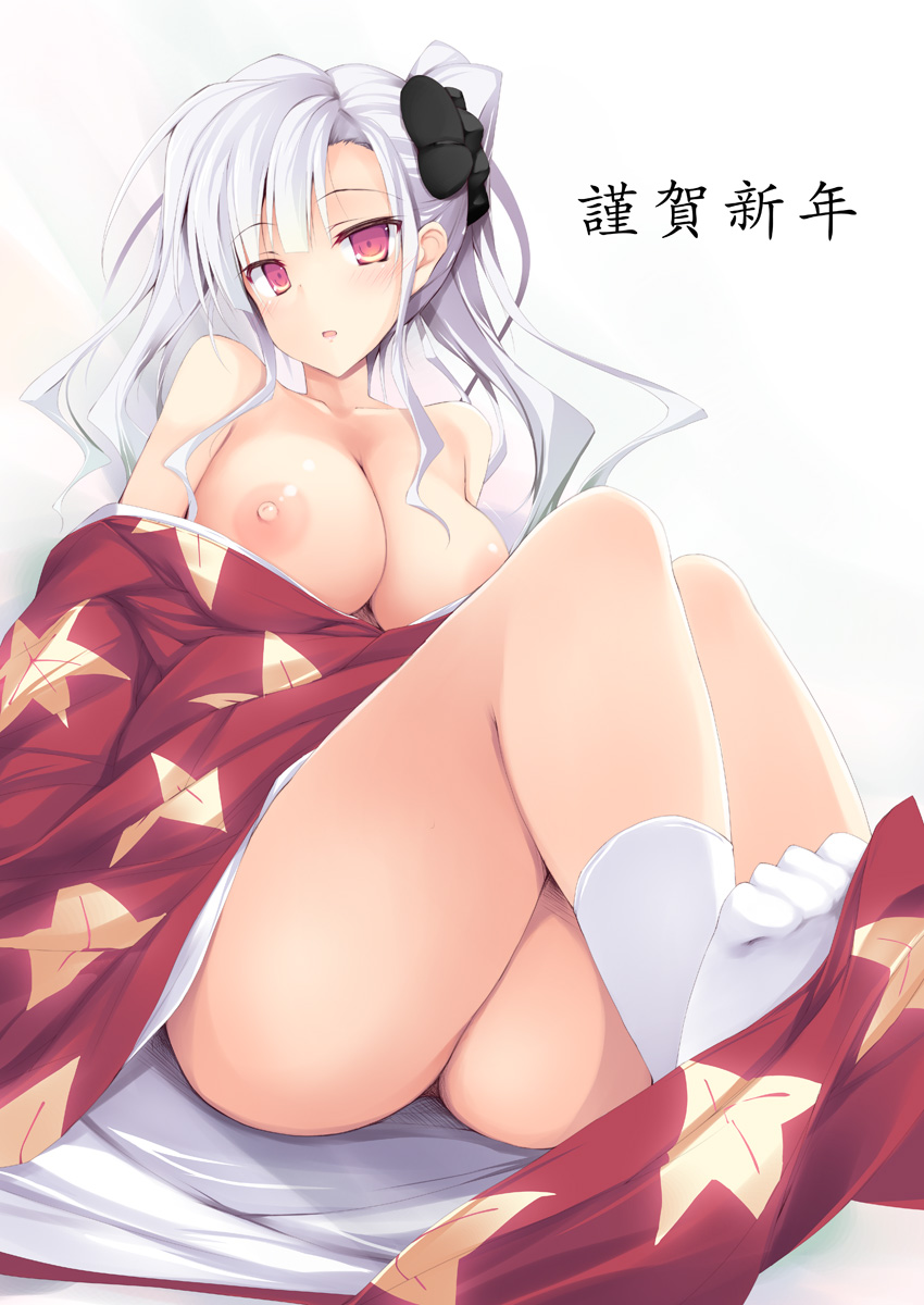 blush breasts highres idolmaster idolmaster_(classic) japanese_clothes kimono large_breasts long_hair looking_at_viewer new_year nipples no_shoes off_shoulder red_eyes ruschuto shijou_takane silver_hair socks solo thighs white_legwear