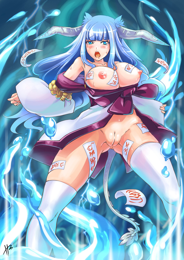 1girl blue_eyes blue_hair blush breasts breasts_outside hm_(hmongt) horns long_hair monster_girl nipples original phandit_thirathon pussy solo sweat tail talisman thighhighs uncensored