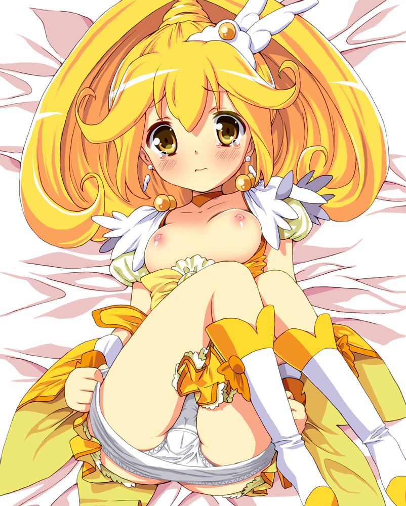 blonde_hair blush boots breasts breasts_outside choker cure_peace full_body hair_flaps homing_(areya) kise_yayoi knee_boots lying magical_girl nipples on_back panties precure short_hair shy small_breasts smile_precure! solo tears underwear undressing white_panties wrist_cuffs yellow_eyes