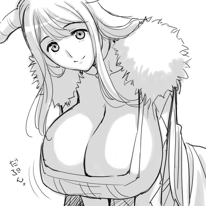 bouncing_breasts breasts cleavage coat greyscale horns huge_breasts leaning_forward long_hair looking_at_viewer magaki_ryouta maou_(maoyuu) maoyuu_maou_yuusha monochrome sketch smile solo translated