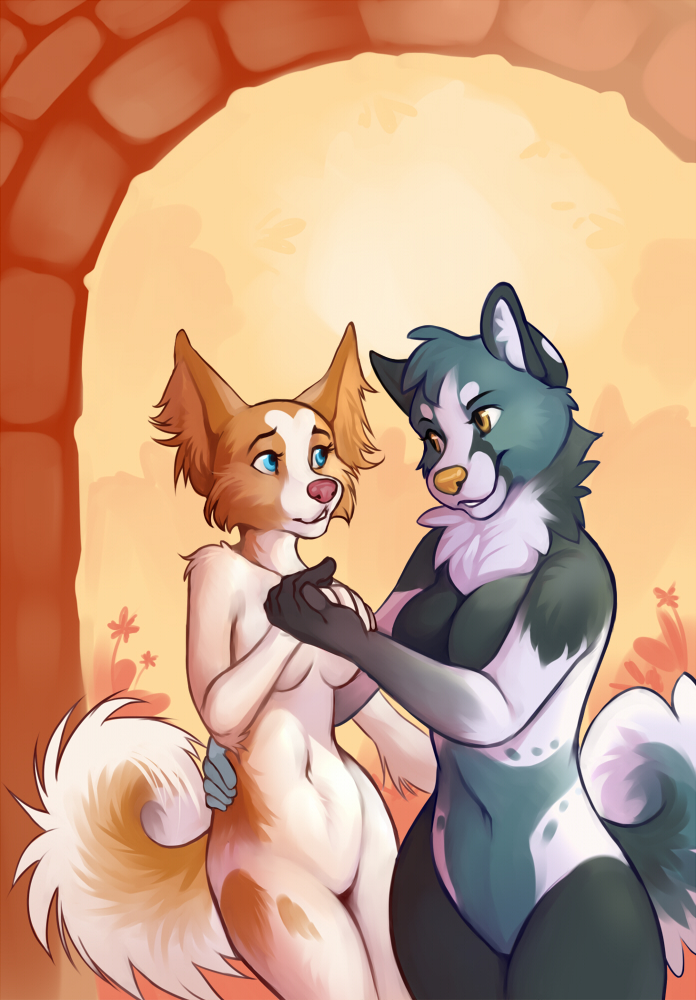 abstract_background anthro blue_fur breasts canine couple demicoeur dog duo female fur hand_holding lesbian mammal outside papillon sunset white_fur