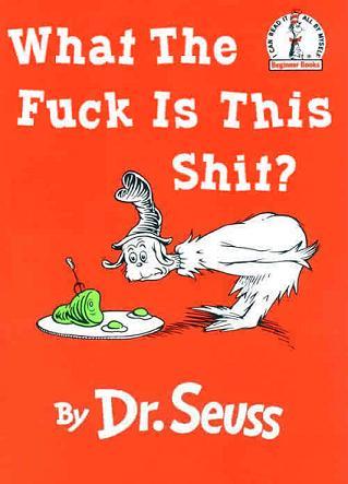 bent_over book butt dr_seuss egg english_text food fork fur green_eggs_and_ham ham hat humor lol_comments male orange_background plain_background plate solo surprise text unknown_species what white_fur wide_eyed