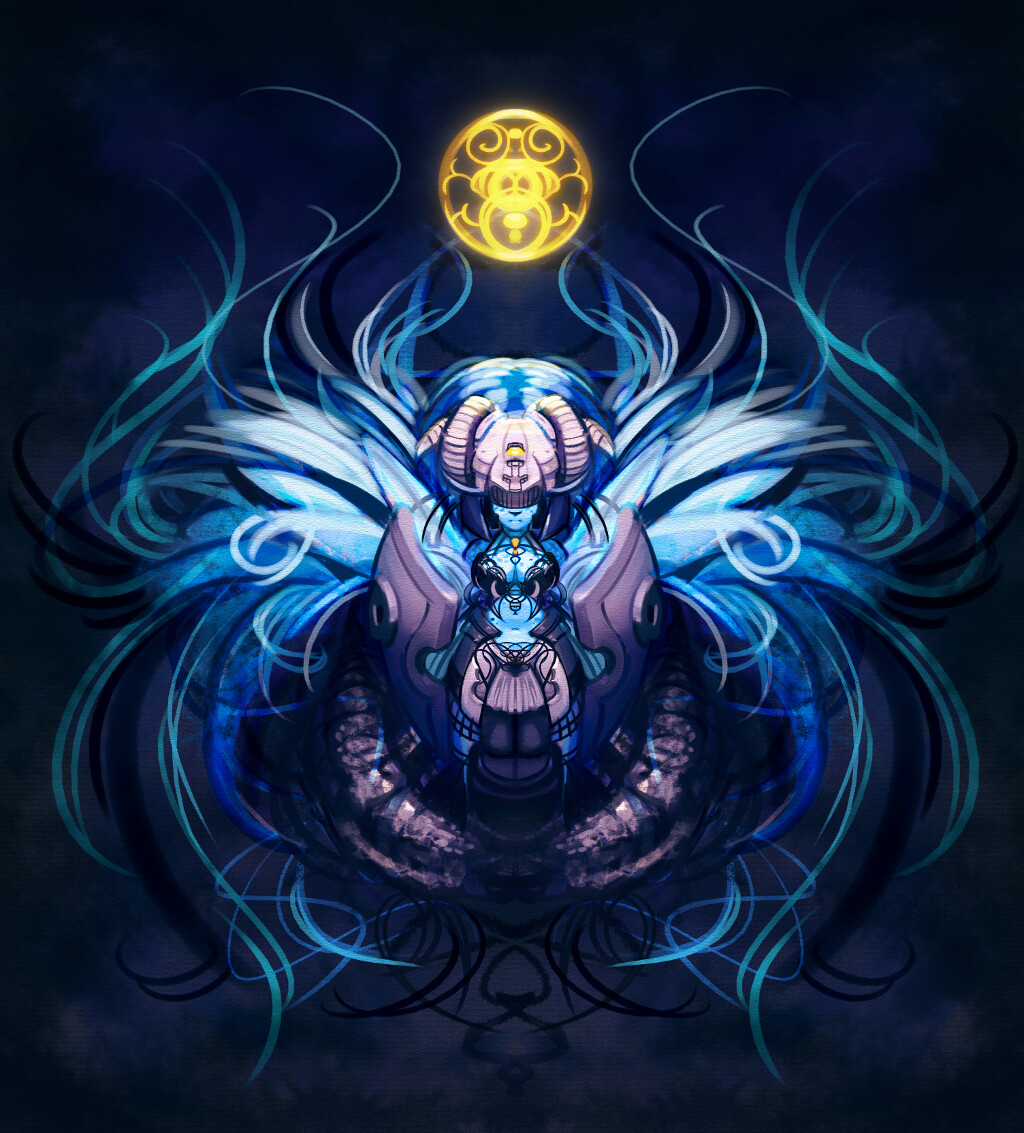 anokorok armor black blue clothing female hair long_hair magic orb shield symbol unknown_species wavy