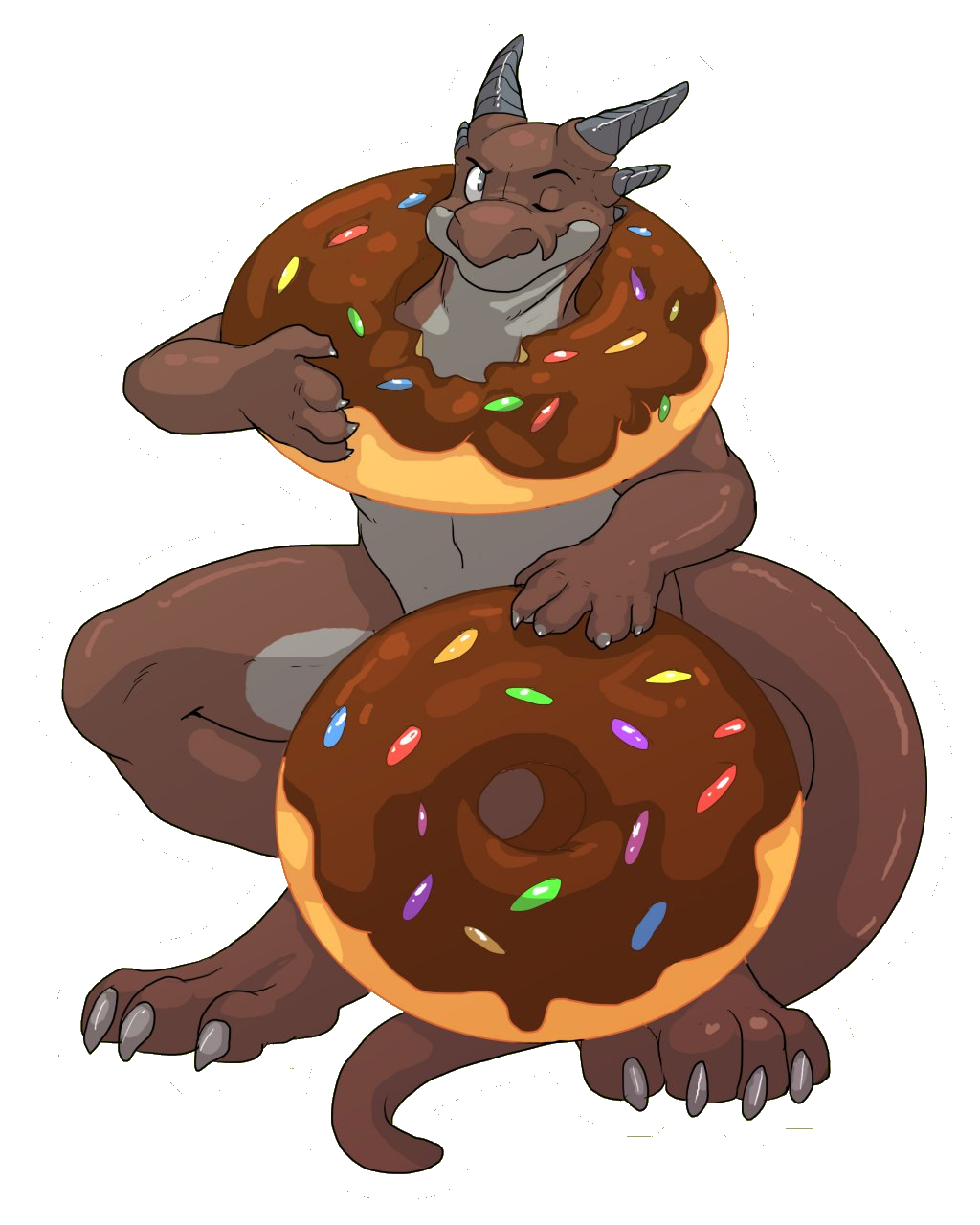 alpha_channel aycee crouching doughnut dragon drake drake_(species) food horn looking_at_viewer male nude one_eye_closed scalie solo wink xhyra