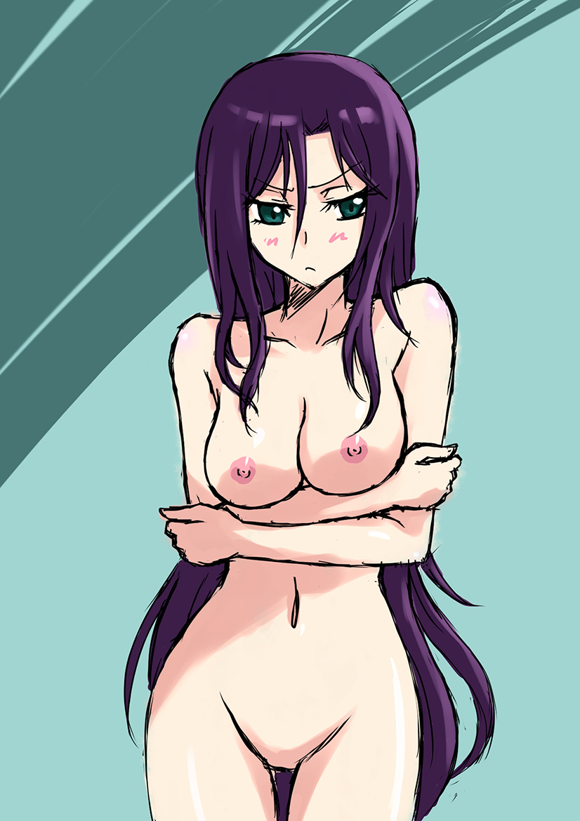 1girl blush breasts green_eyes long_hair nipples nude original purple_hair sketch solo very_long_hair wox