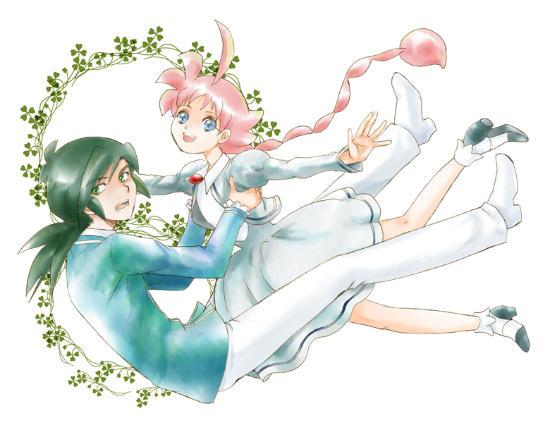 1girl :d ahiru ahoge blue_eyes braid couple eyelashes fakir freckles green_eyes green_hair hetero long_hair looking_back nijimasu open_mouth outstretched_arms pink_hair ponytail princess_tutu smile very_long_hair