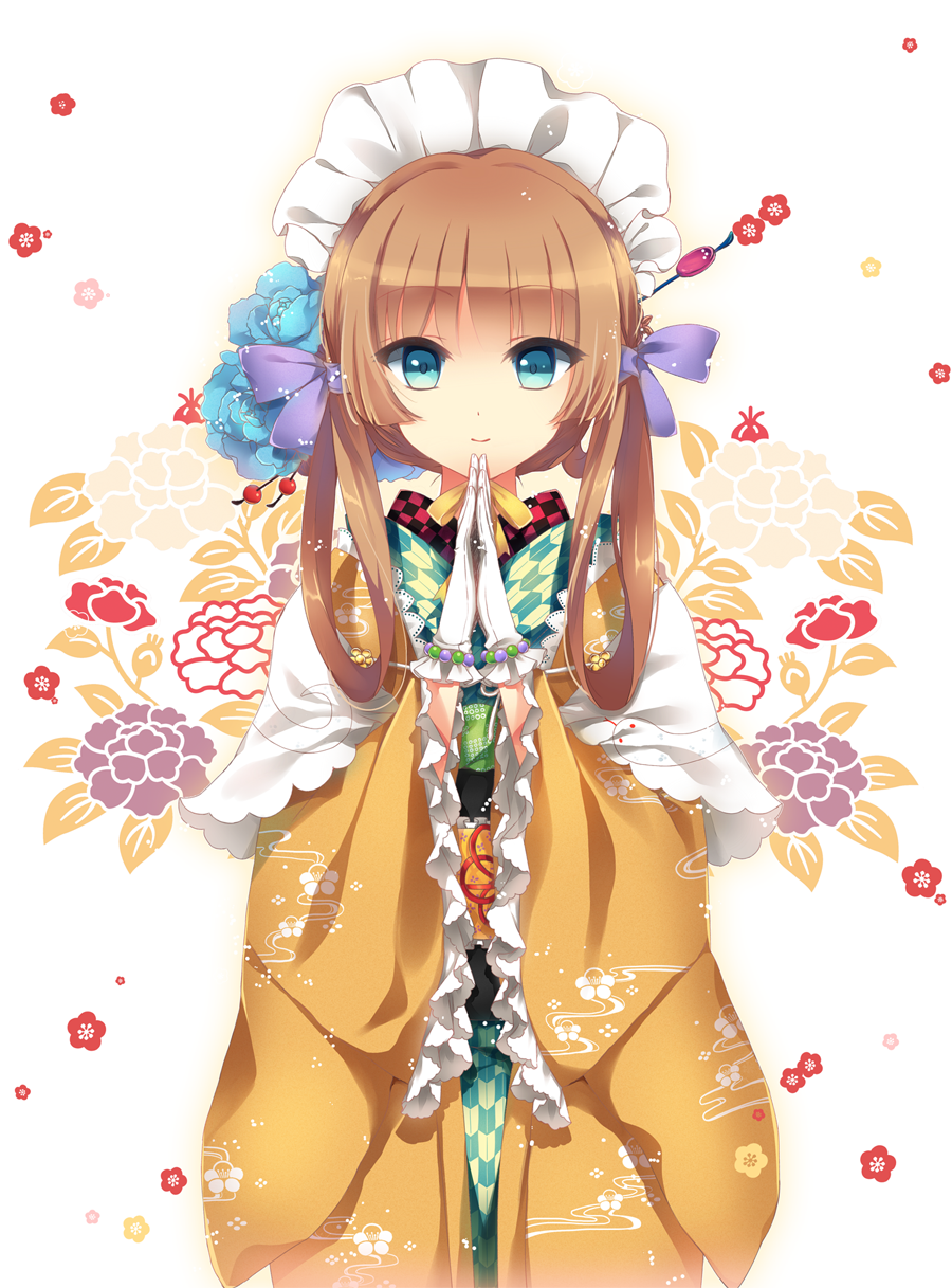 blue_eyes bracelet brown_hair ceru flower gloves hair_flower hair_ornament hands_together highres japanese_clothes jewelry kimono maid_headdress original own_hands_together smile snake solo wa_maid yagasuri