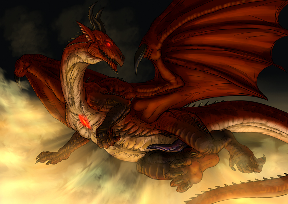 5_toes digitigrade dragon dragon's_dogma dragons_dogma erection feral glowing glowing_eyes grigori hindpaw long_ears looking_at_viewer lying male markings nude paws penis red_dragon red_eyes red_scales scalie sky socks_(marking) soles solo spikes syrinoth teeth toes western_dragon wings