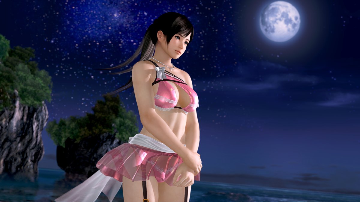 3d black_hair breasts dead_or_alive kokoro_(doa) large_breasts night ocean official_art solo tecmo