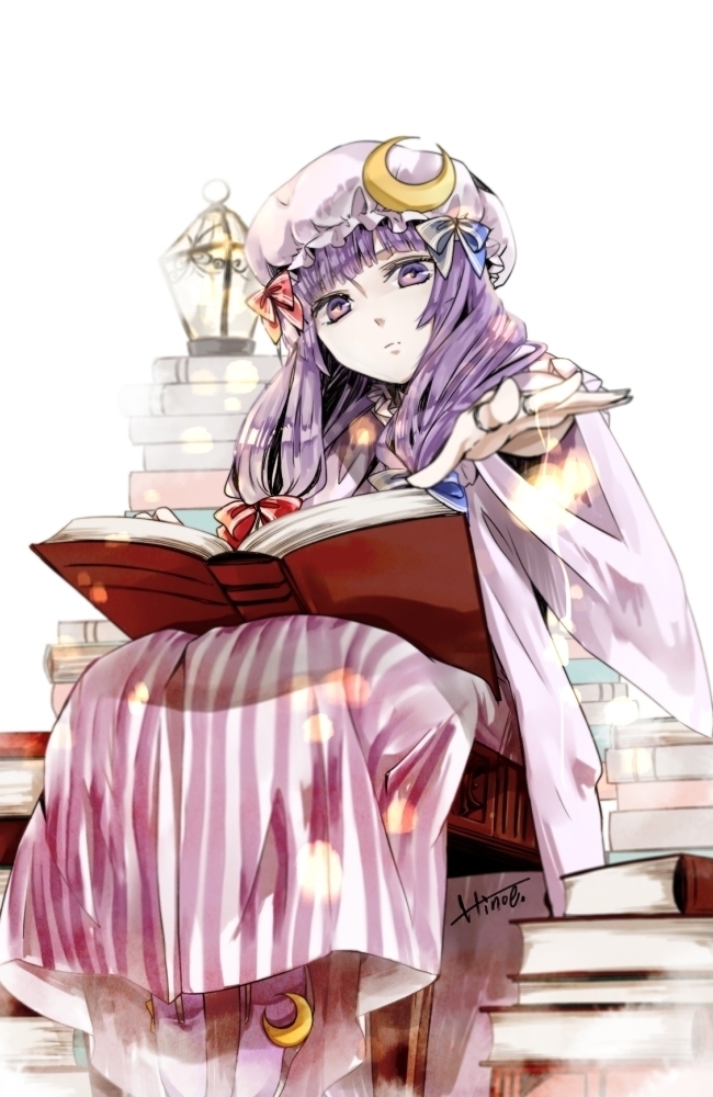 banned_artist book crescent dress fire hat hino_mamori jewelry lantern open_book outstretched_arm outstretched_hand patchouli_knowledge purple_eyes purple_hair ring sitting solo touhou