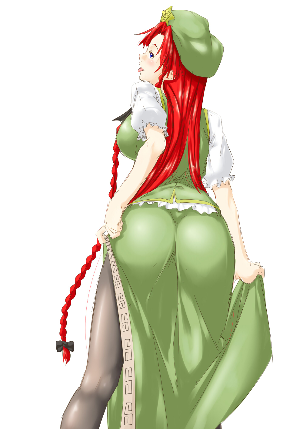 :p ass beret blue_eyes blush braid breasts china_dress chinese_clothes dress dress_lift from_behind hat highres hong_meiling large_breasts long_hair looking_back niwatazumi pantyhose red_hair side_braid side_slit sketch solo star tongue tongue_out touhou twin_braids very_long_hair