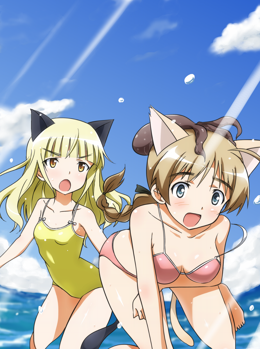 animal_ears bikini blonde_hair blue_eyes blush braid breasts brown_hair cloud day highres long_hair lynette_bishop medium_breasts multiple_girls ocean octopus one-piece_swimsuit perrine_h_clostermann single_braid sky small_breasts strap_slip strike_witches swimsuit tail tokiani world_witches_series yellow_eyes