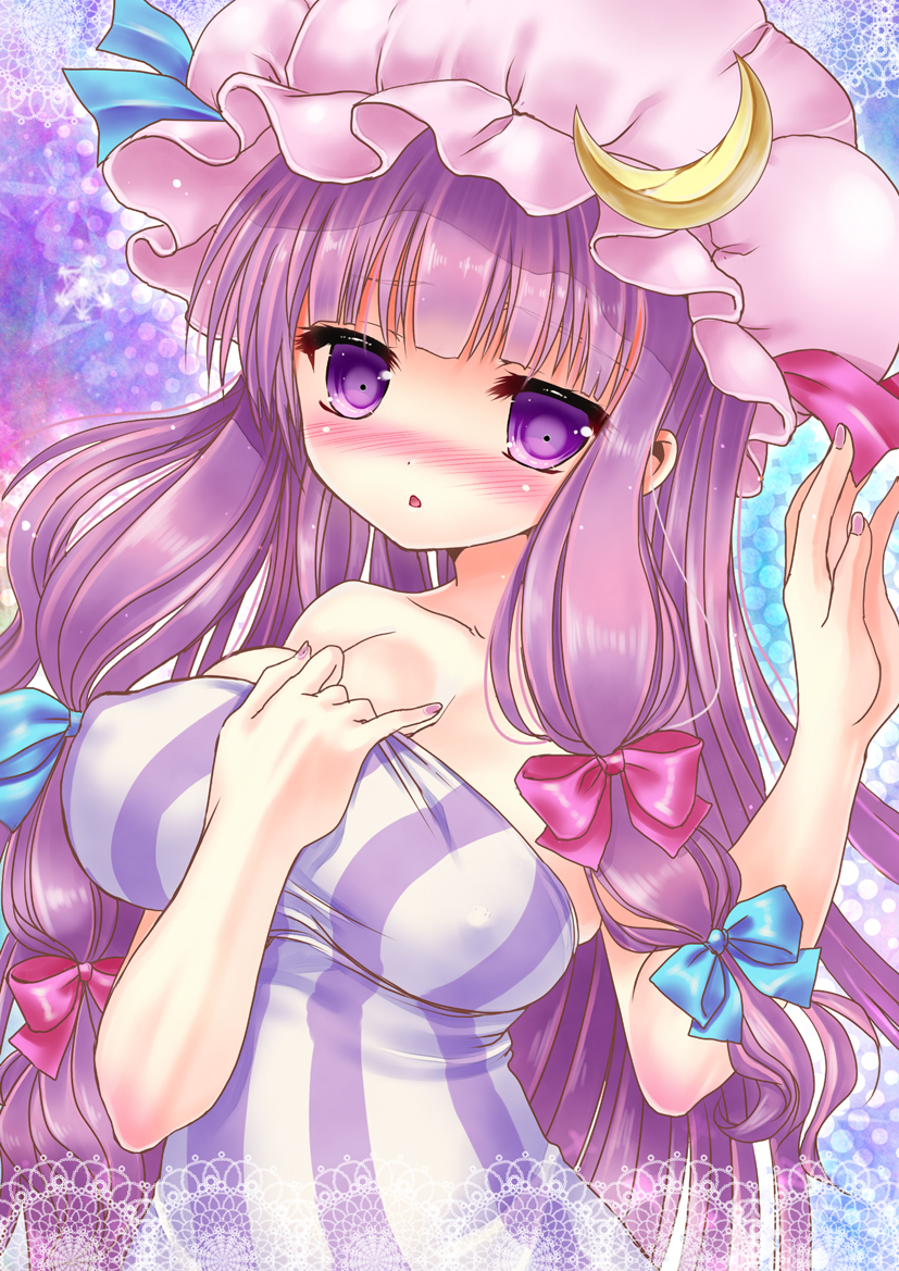 bare_arms bare_shoulders blush breasts cleavage collarbone covered_nipples crescent dress hair_ribbon hat large_breasts long_hair looking_at_viewer motatei multicolored multicolored_clothes multicolored_dress open_mouth patchouli_knowledge purple_dress purple_eyes purple_hair ribbon sleeveless sleeveless_dress solo striped striped_dress touhou tress_ribbon very_long_hair white_dress