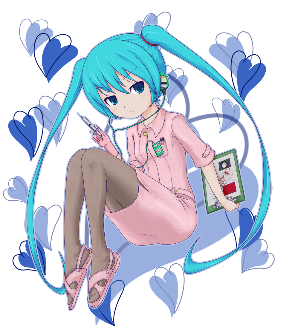 &gt;:( clipboard digital_media_player frown hatsune_miku holding holding_syringe ipod long_hair nurse pantyhose sandals solo stethoscope syringe twintails v-shaped_eyebrows vocaloid yuta1147