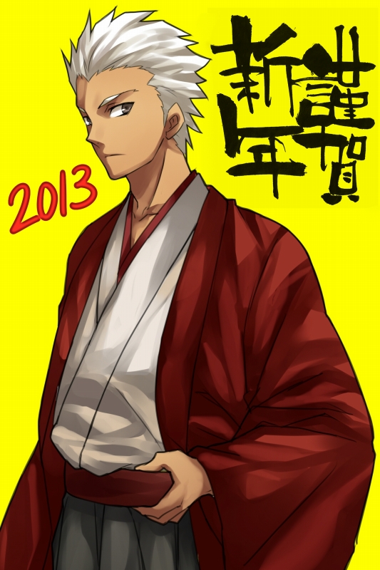 1boy 2013 archer bad_id bad_pixiv_id dark_skin dark_skinned_male fate/stay_night fate_(series) grey_eyes japanese_clothes kimono male_focus new_year solo white_hair yellow_background