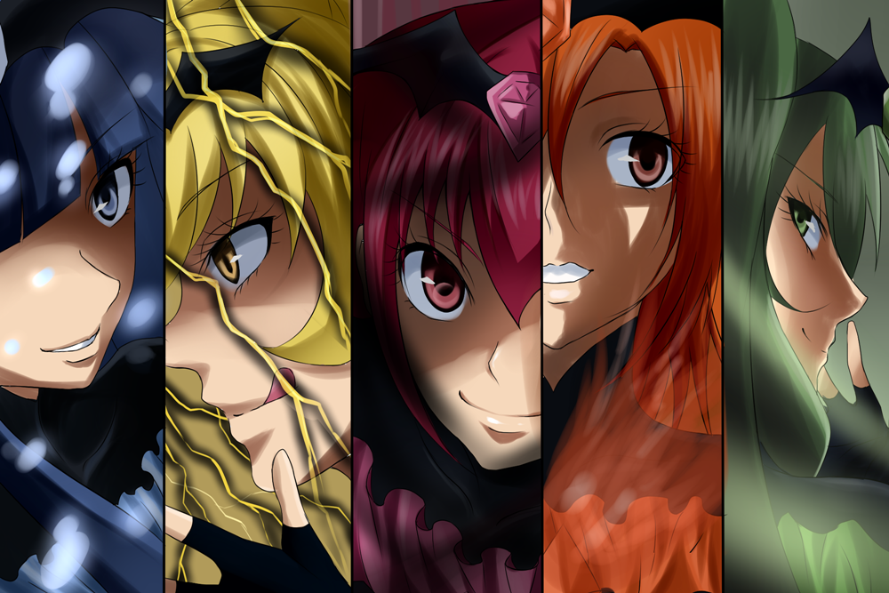 bad_end_beauty bad_end_happy bad_end_march bad_end_peace bad_end_precure bad_end_sunny blonde_hair blue_eyes blue_hair column_lineup dark_persona electricity fire green_eyes green_hair md5_mismatch multiple_girls orange_eyes orange_hair pink_eyes pink_hair precure shogo_(4274732) smile smile_precure! snow yellow_eyes