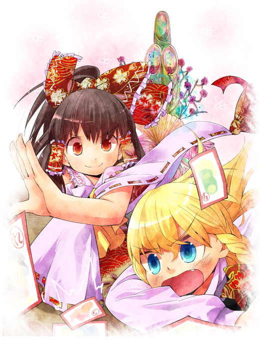 ascot bamboo black_hair blonde_hair blue_eyes blush braid card detached_sleeves fang hakurei_reimu kirisame_marisa multiple_girls no_hat no_headwear open_mouth red_eyes smirk taker_(flamestorm) touhou wide_sleeves