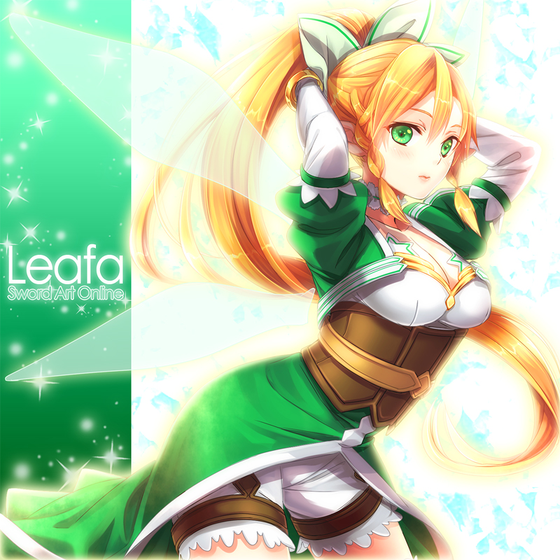 blonde_hair breasts character_name cleavage copyright_name corset elf fairy_wings fumi_(butakotai) green_eyes leafa long_hair medium_breasts pointy_ears ponytail solo sword_art_online wings