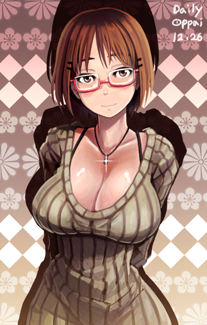 bail breasts brown_eyes brown_hair cleavage glasses hair_ornament hairclip jewelry large_breasts looking_at_viewer necklace original red-framed_eyewear ribbed_sweater semi-rimless_eyewear short_hair smile solo sweater