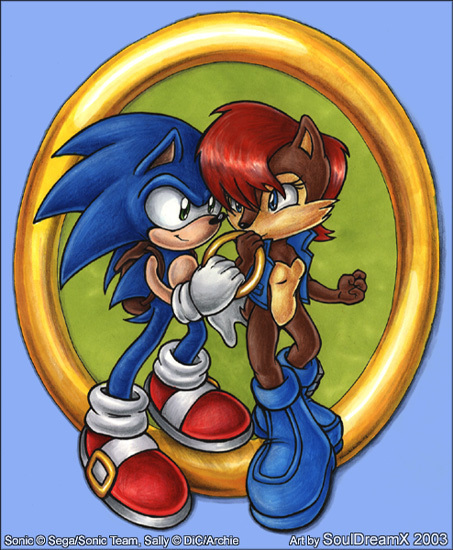 anthro anthrofied blue_background blue_eyes blue_hair chipmunk female green_eyes hair hedgehog jewelry male mammal plain_background power_ring red_hair ring rodent sally_acorn sega smile sonic_(series) sonic_the_hedgehog souldreamx squirrel