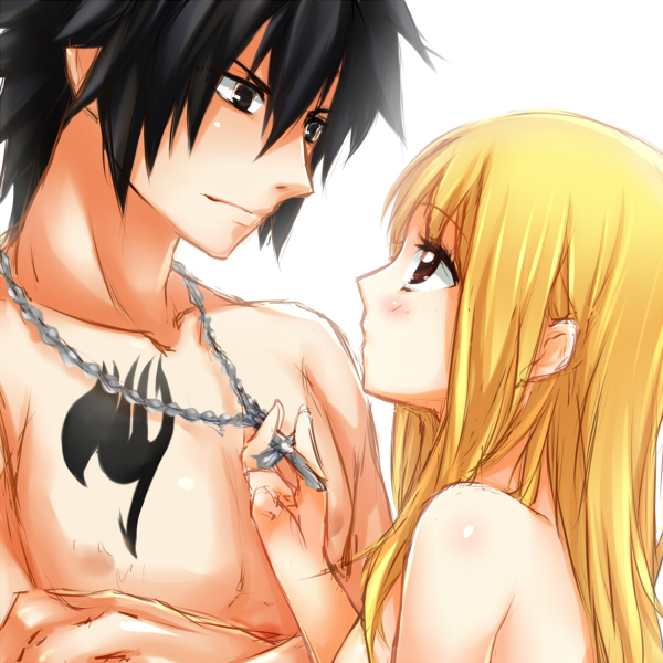 1girl blonde_hair blush couple cross crossed_arms eye_contact fairy_tail gray_fullbuster hair_down hetero jewelry long_hair looking_at_another lucy_heartfilia necklace shirtless strib_und_werde tattoo topless