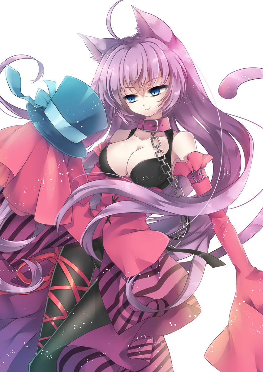 ahoge alice_in_musicland_(vocaloid) animal_ears black_legwear blue_eyes breasts cat_ears cat_tail ceru chain cleavage collar detached_sleeves dress hat highres large_breasts long_hair megurine_luka pantyhose purple_hair smile solo tail thigh_gap top_hat very_long_hair vocaloid