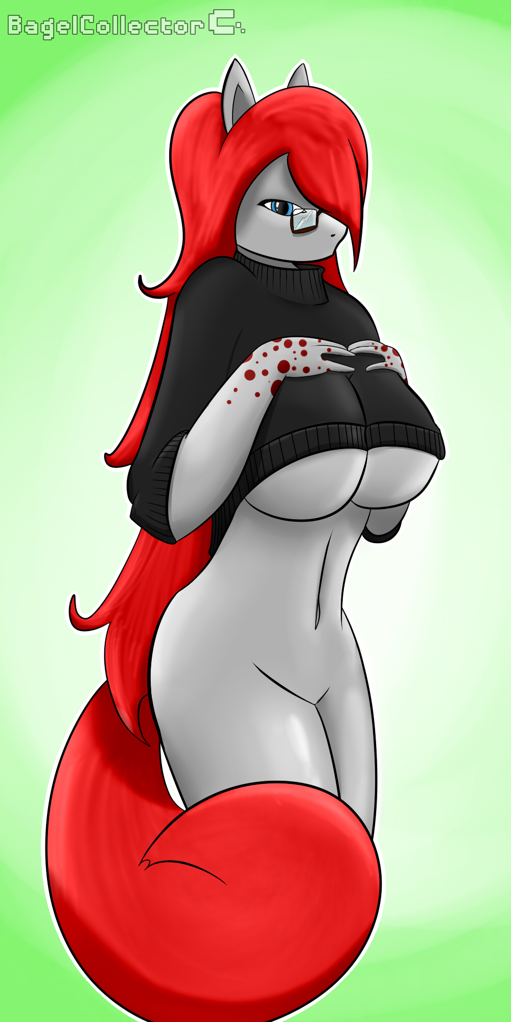 bagelcollector big_breasts black_topwear blue_eyes bottomless breasts clothed clothing equine eyewear female glasses hair half-dressed horse looking_at_viewer mammal my_little_pony original_character pince-nez pony red_hair sada(oc_of_lifesspark) sada_(lifesspark) spots sweater under_boob