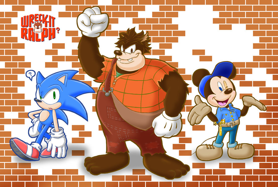 ahyuck anthro blue_hair clothing disney fix-it_felix goof_troop green_eyes hair hedgehog male mickey_mouse mouse pete rodent sega smile sonic_(series) sonic_the_hedgehog text video_games wreck-it_ralph