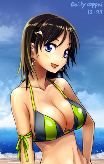 bail bikini black_hair blue_eyes blush breasts cleavage dolphin_hair_ornament earrings hair_ornament hairclip jewelry large_breasts looking_at_viewer navel open_mouth original short_hair smile solo swimsuit