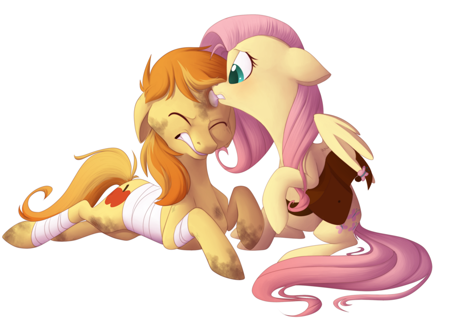 alpha_channel bag bandage blonde_hair blue_eyes blush braeburn_(mlp) caring cutie_mark cyan_eyes dirty duo equine eyes_closed female feral feral_on_feral fluttershy_(mlp) friendship_is_magic hair horse kiki-kit licking mammal my_little_pony pain pegasus pink_hair plain_background pony saddle_bag tongue transparent_background wings wounded wraps