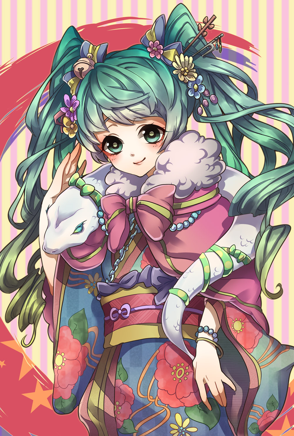 bell bracelet flower green_eyes green_hair hair_bell hair_flower hair_ornament hatsune_miku highres japanese_clothes jewelry jingle_bell kimono long_hair smile snake solo striped striped_background twintails vocaloid