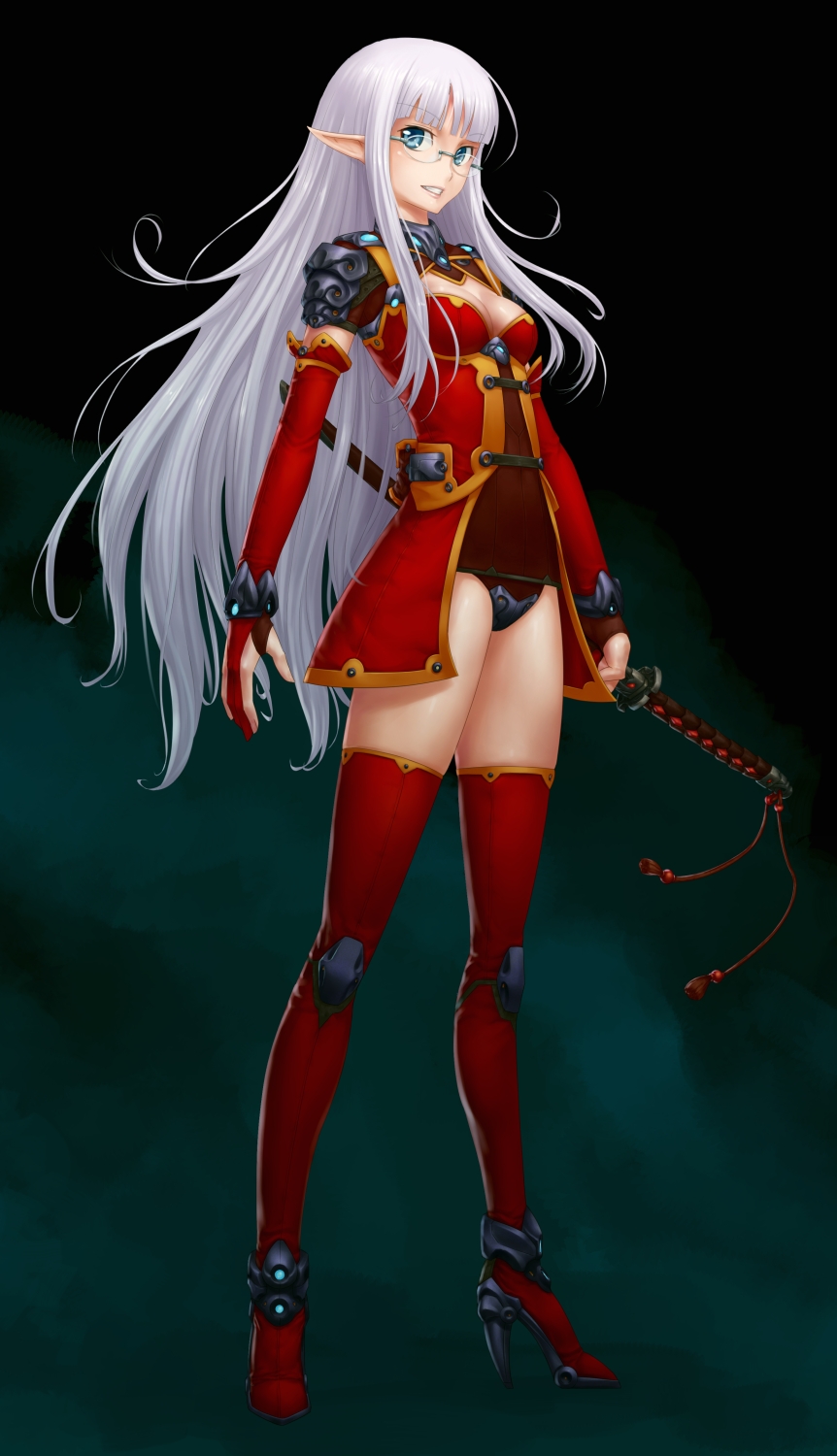 bad_id bad_pixiv_id blue_eyes breasts cleavage elbow_gloves elf glasses gloves grin high_heels highres katana long_hair looking_at_viewer medium_breasts ml.e original pointy_ears red red_legwear shoes smile solo sword teeth thighhighs weapon white_hair