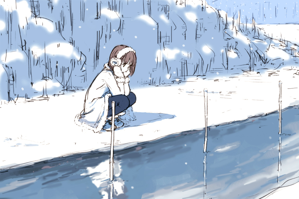 bad_id bad_pixiv_id black_legwear brown_hair coat earmuffs fur_trim hands_on_own_cheeks hands_on_own_face mittens no_mouth no_nose original pantyhose river short_hair snow snowing solo squatting toe_(gardengirls) water winter_clothes
