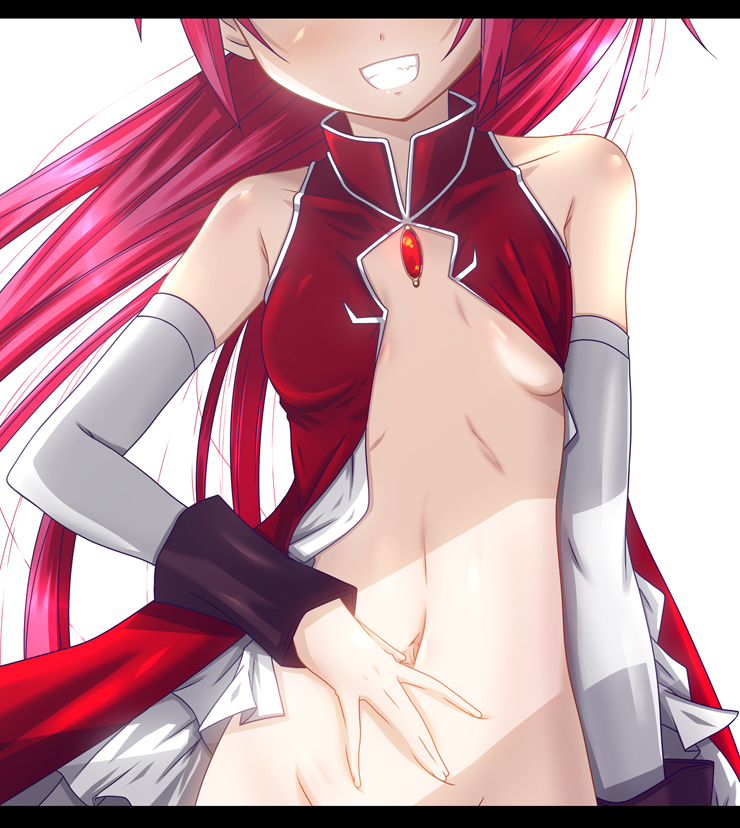 bare_shoulders blush bottomless breasts detached_sleeves fumihiro grin head_out_of_frame jewelry letterboxed long_hair magical_girl mahou_shoujo_madoka_magica midriff navel no_bra no_panties open_clothes out-of-frame_censoring ponytail red_hair sakura_kyouko simple_background small_breasts smile solo soul_gem spread_navel underboob white_background