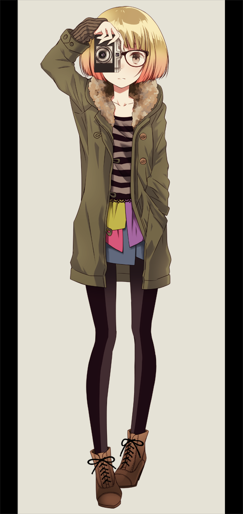 black_legwear blonde_hair camera coat covering_one_eye expressionless fashion fur_collar glasses gradient_hair grey_eyes hand_in_pocket multicolored_hair original pantyhose pillarboxed red_hair shirt short_hair simple_background solo standing striped striped_shirt taking_picture wogura