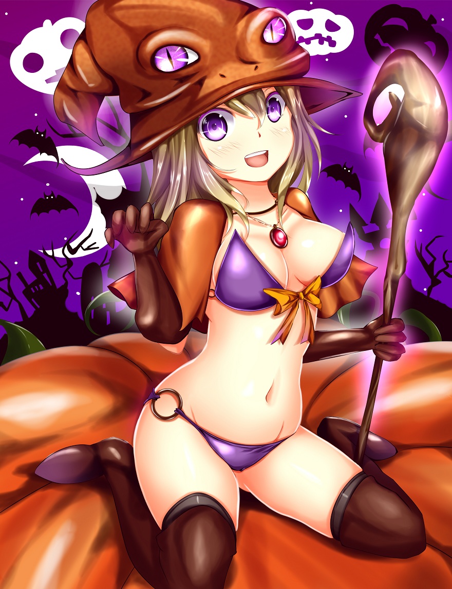 1girl bat bikini breasts brown_hair chiiutsu_(cheewts) halloween hat jewelry long_hair moon necklace original purple_eyes solo swimsuit thighhighs witch_hat