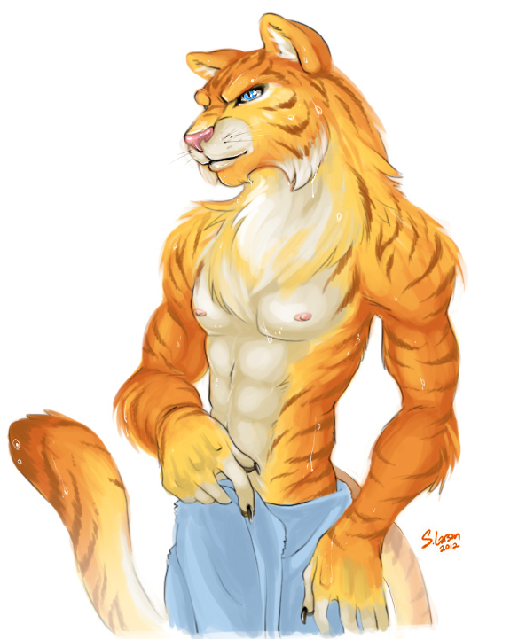 blue_eyes feline fortunata half-dressed male mammal nipples plain_background solo tiger toned topless towel wet