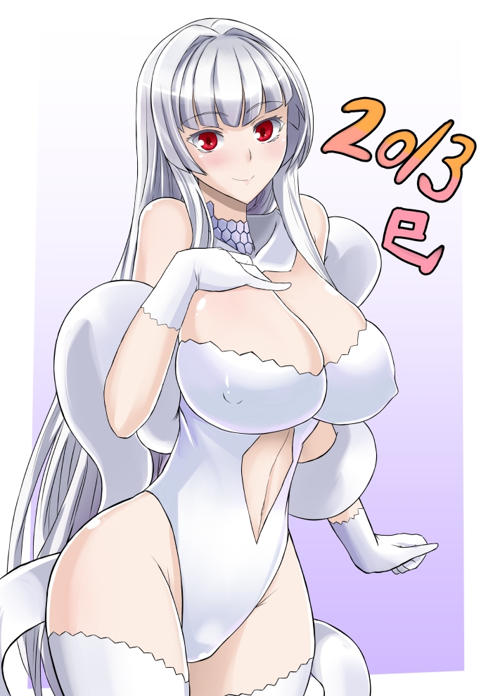 2013 bare_shoulders blush border breast_suppress breasts cleavage covered_nipples curvy gloves highleg highleg_leotard huge_breasts kumakichi_(cost-lost) leotard long_hair navel new_year original red_eyes silver_hair smile snake solo thighhighs very_long_hair white_gloves white_legwear wide_hips