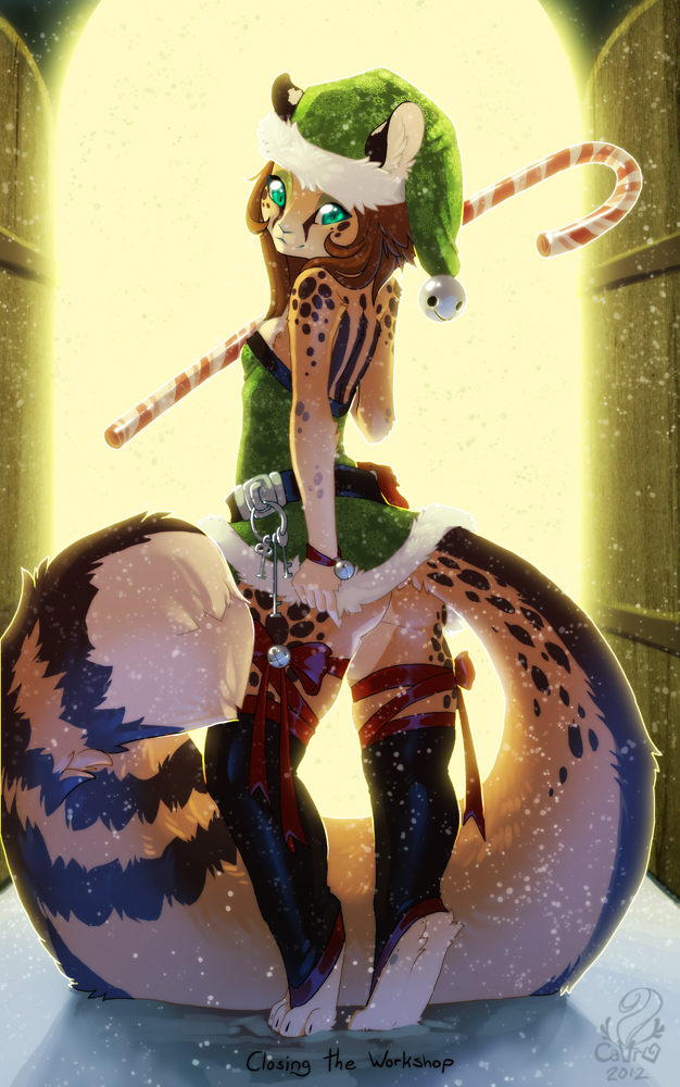 animal_ears bell belt bottomless bow breasts butt caltroplay candy candy_cane cheetah chloe clothed clothing cute detailed_background english_text feline female fluffy_tail fur_trim green_eyes hair half-dressed hat keys legwear light long_hair looking_at_viewer looking_back mammal outside ribbons smile snow snowfall snowing solo stockings text wide_hips