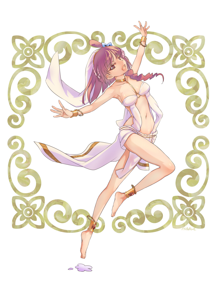 anklet bare_shoulders barefoot bracelet choker jewelry kawagoe_pochi long_hair long_legs magi_the_labyrinth_of_magic midriff morgiana navel o-ring o-ring_top open_mouth outstretched_arms red_eyes red_hair solo veil