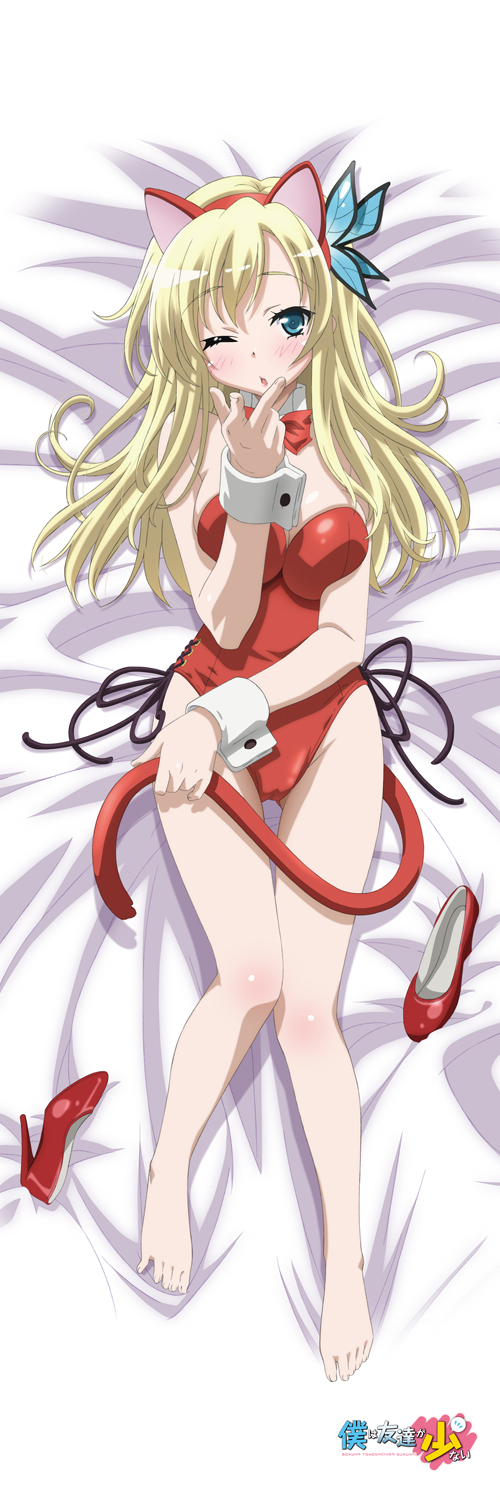 animal_ears artist_request bare_legs barefoot blonde_hair blown_kiss blue_eyes boku_wa_tomodachi_ga_sukunai bow breasts butterfly_hair_ornament cat_ears cat_tail dakimakura fake_animal_ears full_body hair_ornament highres holding_own_tail kashiwazaki_sena kittysuit large_breasts leotard logo long_hair lying official_art on_back one_eye_closed red_leotard ribbon shoes_removed solo tail wrist_cuffs